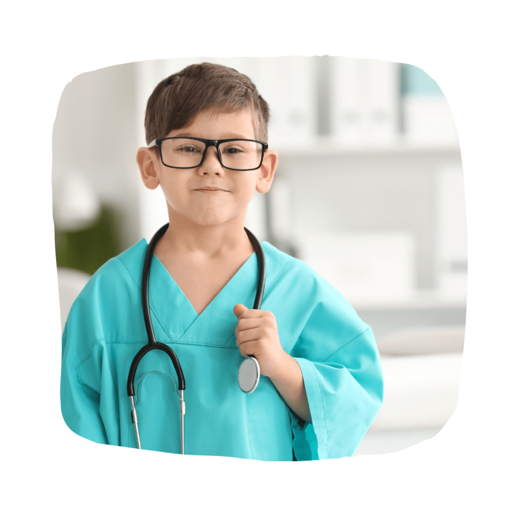 boy plays pretend as a doctor, child development benefits