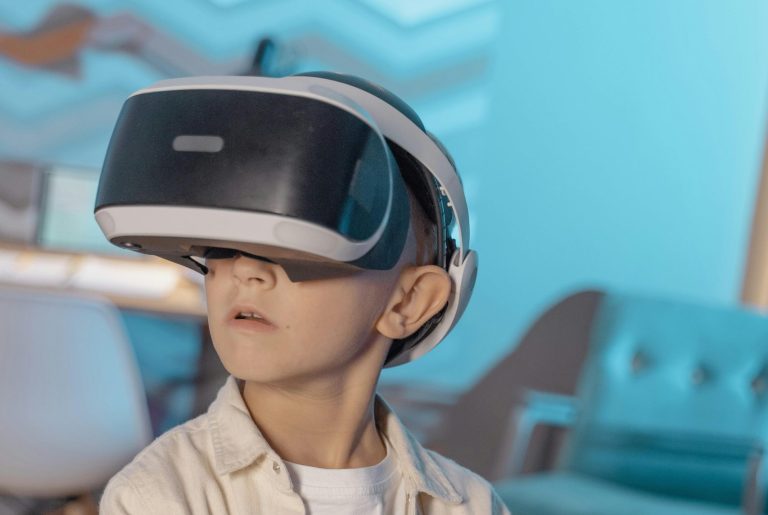 Child experiencing virtual reality indoors with VR headset.